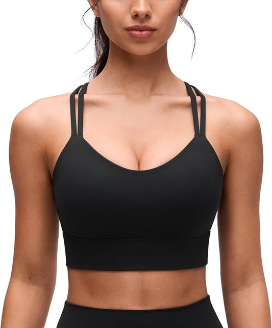 CRZ YOGA Softness Mold Butterluxe Strappy Longline Sports Bras for Women - Double Spaghetti Strap Workout Yoga Crop Top