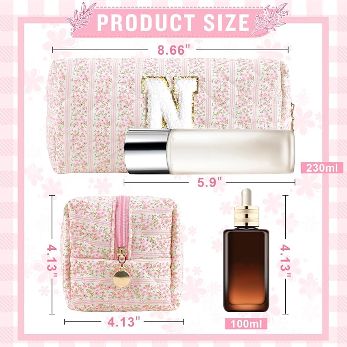 Personalized Quilted Cosmetic Bag, Puffy Monogrammed Christmas Birthday Gifts for Women & Girls, Cute initial Floral Makeup Bag Puffer Coquette Bag, Aesthetic Travel Toiletry Zipper Pouch(Pink,N)