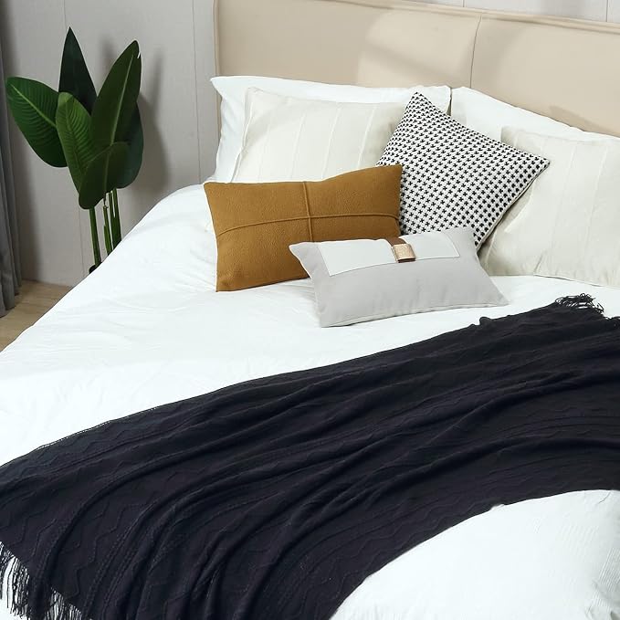 CREVENT Knitted Decorative Throw Blanket for Couch Sofa Chair Bed，Soft Warm Cozy Light Weight for Spring Summer (50''X60'' Black)