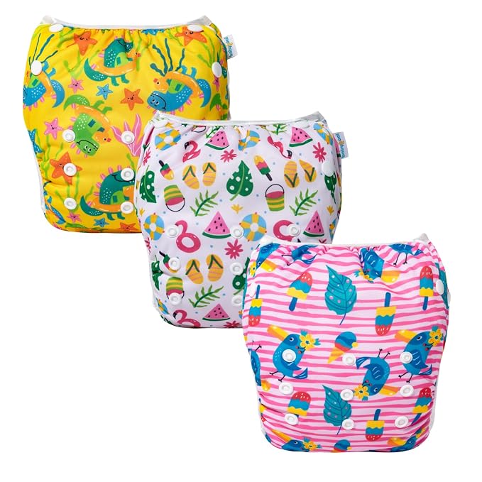 Babygoal Baby Girl Swim Diapers 3 Pack for 8M-3T Babies and Toddlers, Reusable Adjustable Washable for Swimming Lessons-Bird,Snake,Dinosaur