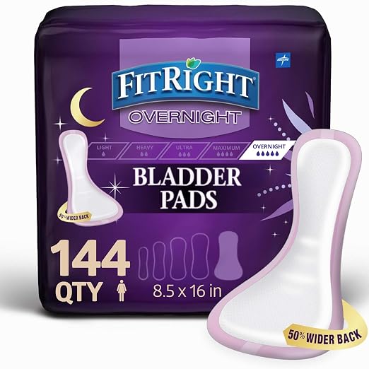 Medline FitRight Overnight Bladder Control Pads, Maximum Absorbency, Nighttime Incontinence Protection, 8.5 x 16, 24 Count per Bag (6 Bags)