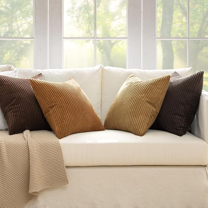 MIULEE Fall Corduroy Decorative Throw Pillow Covers Camel Brown 20x20 | Set of 4, Mordern Rustic Fall Decor, Wood-Tone Deep Browns, Boho Farmhouse Cushion Covers for Couch Bed Sofa Living Room