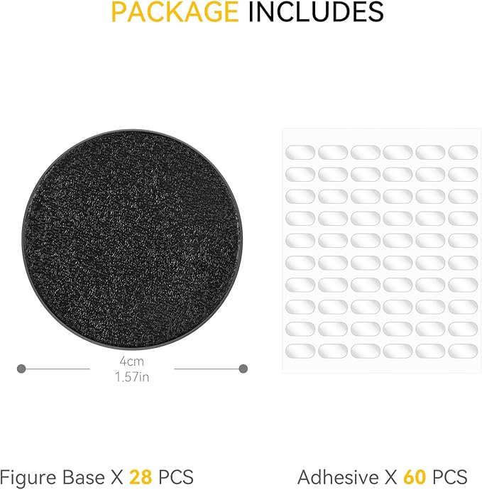 28 PCS Figure Stand Base with 60PCS Adhesive for Fuko Pop, 1.57 Inch Black Round Plastic Bases No Peg, Doll Model Storage Organizer Display Holder Accessories for Action Figures