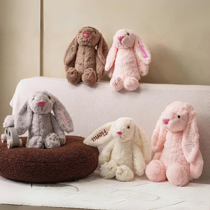 Custom Easter Bunny Plush for Babies with Embroidered Name, Handmade Personalized Plush Rabbit Bunny Stuffed Animal for Girl Boy Baby Gift(11.8inches- 1 ear embroidery)