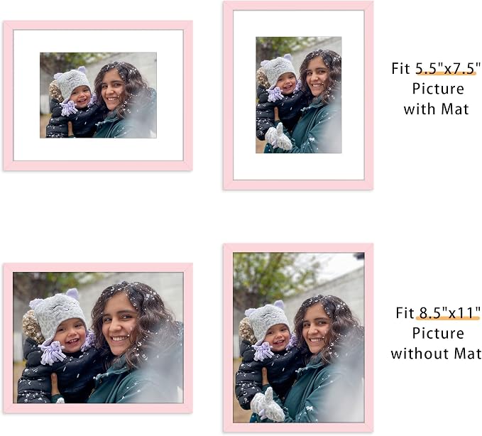 Picrit 8.5x11 Picture Frame Set of 12, Display 6x8 with Mat or 8.5 x 11 without Mat, Photo Frames for Wall Mounting or Table Top Display, Pink
