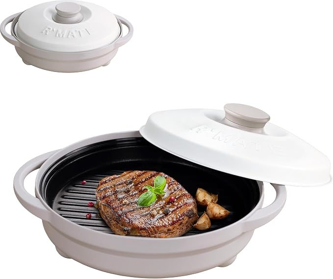 Rangemate Signature Microwave Searing Grill Pan, 750°F (400°C) Searing Crisper with Lid, Quick Meals Multi-Cooker for RV and Dorm, 100% Dishwasher Safe, Himalayan Greige