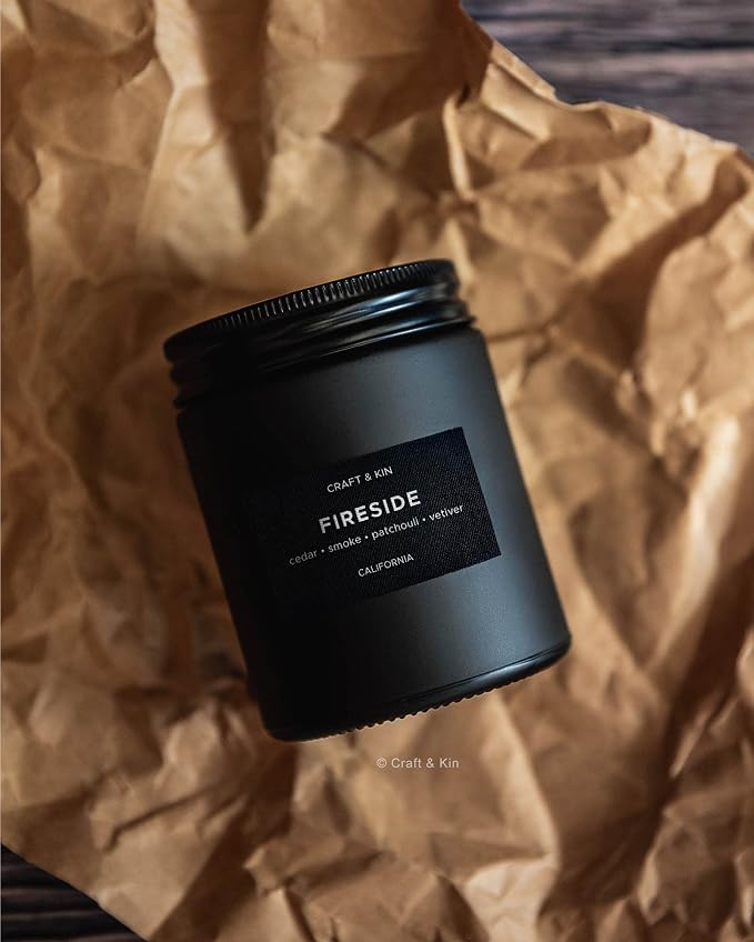 Craft & Kin Premium Smoky Fireside Scented Candle – Long Lasting, 45 Hour Burn Time – Luxury Black Natural Soy Scented Candle for Men with Wood Wick – Room Decor and Aromatherapy – 7.6 oz