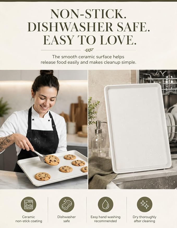 Boxiki Kitchen Ceramic Baking Sheet 15" x 10" Quarter Sheet Pan - KFCC Korean Ceramic Nonstick Cookie Sheet, Heavy Duty Aluminized Steel Baking Tray, Oven Safe to 550°F, For Cookies & Vegetables