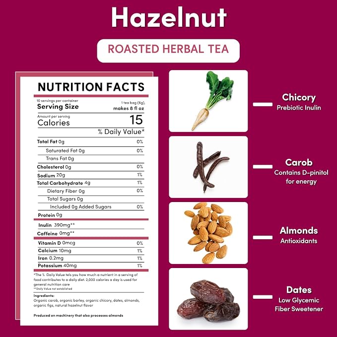 Teeccino Hazelnut Roasted Herbal Tea - Caffeine Free, Prebiotic, 3x More Herbs - 10 Tea Bags