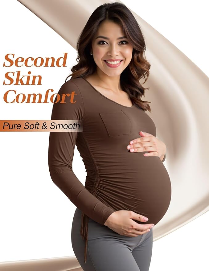Fotociti Maternity Shirts Long Sleeve, Pregnancy Side Ruched Tops,Women’s Clothes for Mama Work Casual Yoga Wearing