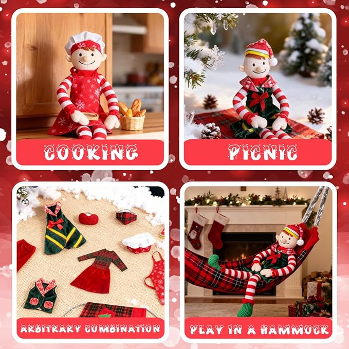 Christmas Doll Clothes & Accessories Kit, 12PCS Retro Christmas Style Vest, Skirt, Hammock, Chef Hat, Apron, Eye Mask – Festive Girl Boy Doll Clothes for Kids Xmas Party Decor