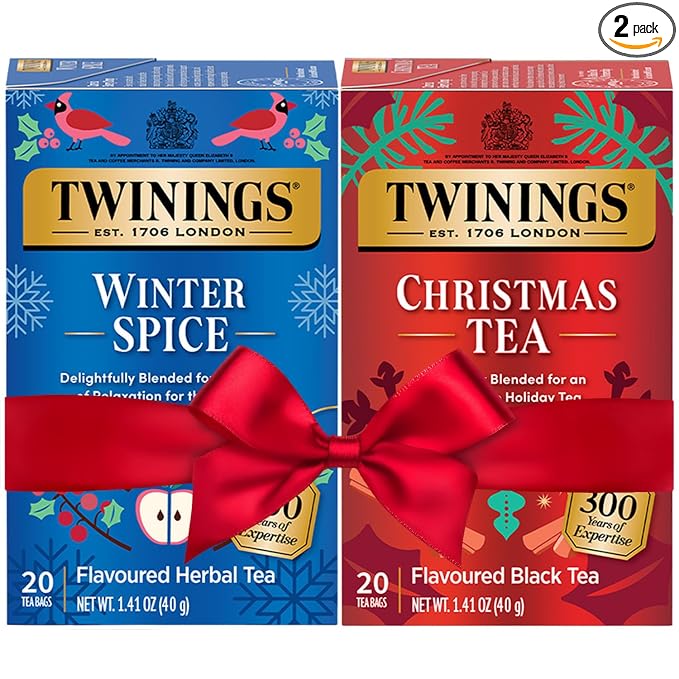 Twinings Holiday Sweet & Spicy Tea Variety 2-Pack – Caffeinated Tea and Caffeine-Free Winter Spice Herbal, Christmas Gift, 20 Tea Bags Ea