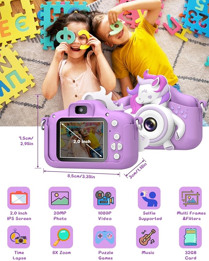 Kids Camera for 3-8 Years Old Toddlers Childrens Boys Girls Selfie Camera 20 MP HD 1080P IPS Screen Dual Digital Toy Camera for Kids Christmas Birthday Gifts with 32Gb Card