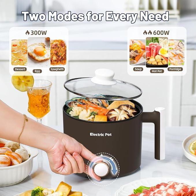 Electric Hot Pot 1.5L Nonstick Ramen Cooker for One-Person | Dual Power Setting for Hot Pot, Pasta/Soup/Oatmeal/Egg, Portable for Dorm/Travel, Overheat & Boil-Dry Protection(Brown, 1.5L)