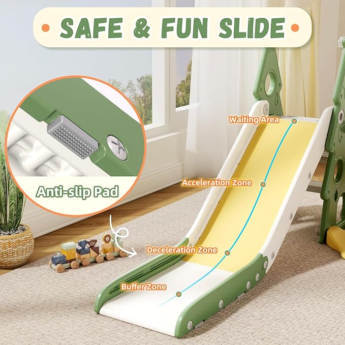 XJD 4-in-1 Toddler Slide and Swing Set, Kids Slide for Toddlers Age 1+, Toddler Outdoor Playset with Basketball Hoop, Swing, Christmas Birthday Gifts for Kids (Green)
