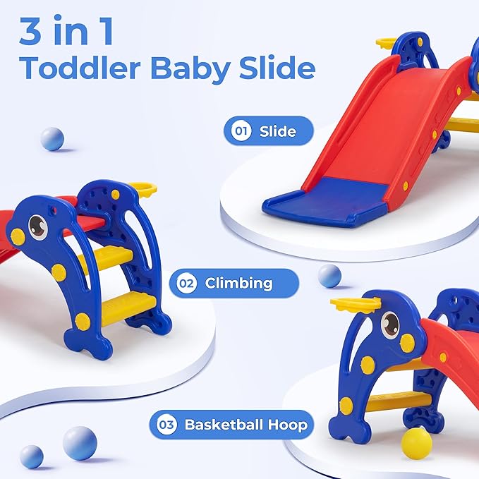 NYEEKOY 3 in 1 Toddler Slide, Baby Slide Plastic Climber Playset with Basketball Hoop and Ball, Indoor and Outdoor Playground for Kids Red