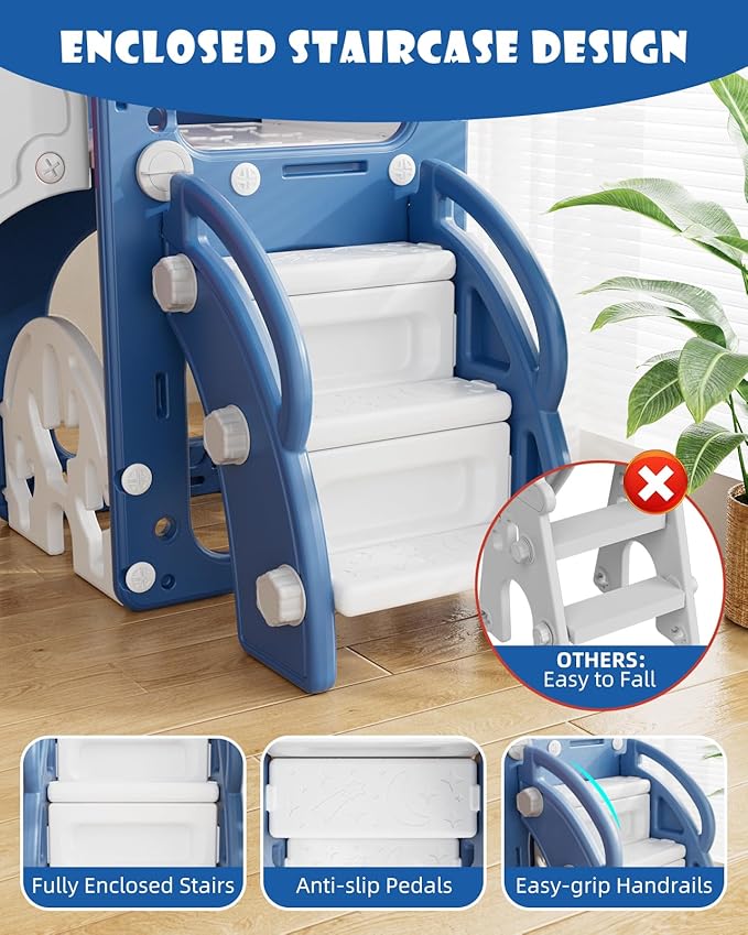 YUFU 7 in 1 Kids Slide for Toddlers, Toddler Slide Playset with Golf, Climber, Basketball Hoop and Ball, Indoor Outdoor Toddler Playground for Kids Age 1-3 (Blue)