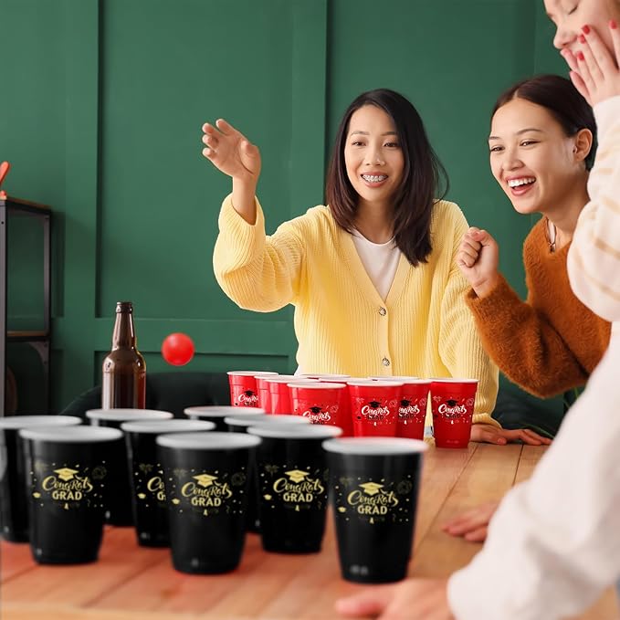 60PCS Pong Game Set, 16 Oz Disposable Plastic Party Cups for Cup Pong Games, College Parties & Graduation Celebrations - Red & Black