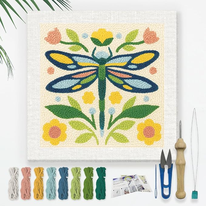 DOODLREAM Floral Dragonfly DIY Punch Needle Embroidery Kit for Adult Beginner, 9.4" Folk Art Flower Insect Punch Stitching Craft Set for Starter with Frame,Fabric Pattern,Threader, Yarn, Pinch Needle