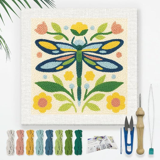 DOODLREAM Floral Dragonfly DIY Punch Needle Embroidery Kit for Adult Beginner, 9.4" Folk Art Flower Insect Punch Stitching Craft Set for Starter with Frame,Fabric Pattern,Threader, Yarn, Pinch Needle