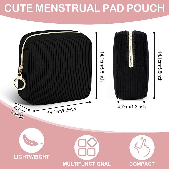 Corduroy Period Pouch with Strawberry Charm Discreet Sanitary Napkin Storage Bag Cute Menstrual Pad Pouch Tampon Bag for Purse Wristlet Makeup Bags Black