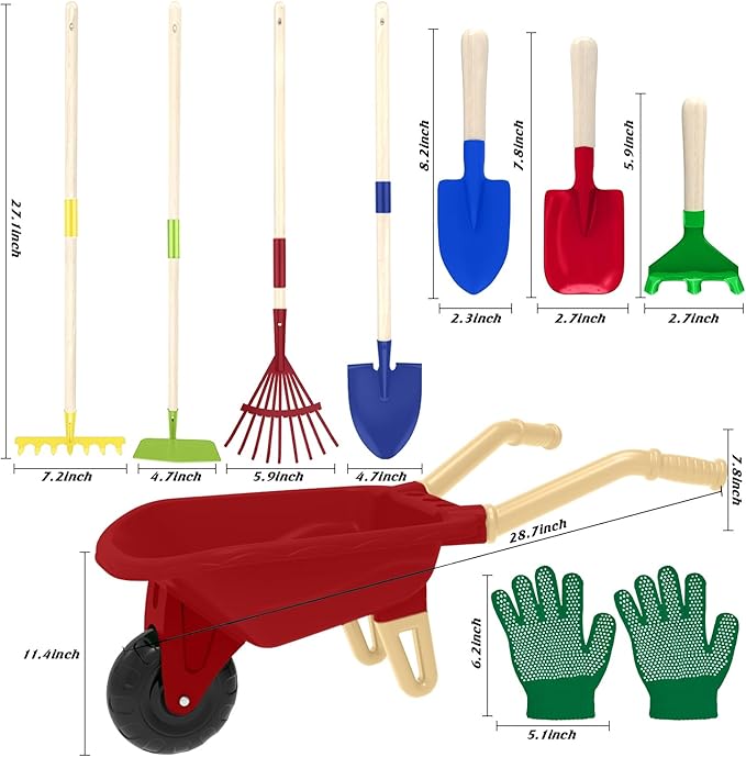 Qtioucp Kids Gardening Tools Outdoor Toys Set Backyard Play with Wheelbarrow Educational STEM Learning Pretend Toys Outdoor Indoor for Toddlers Kids Boys Girls (Red Wheelbarrow Set)
