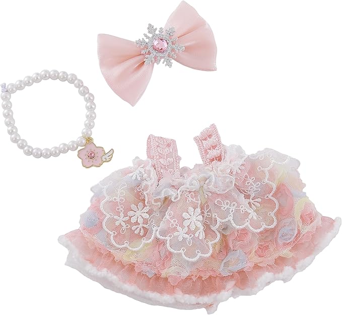 17cm Doll Clothes Set Doll Outfit 3-Piece Handmade Pink Dress with Necklace and Bow Accessories for 17cm Plush Dolls, Clothes Only