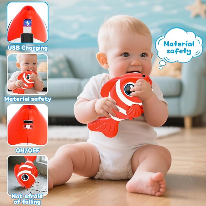 Crawling Fish Baby Toys, Novelty Tummy Time Toys for Babies 6-12 Months, Magic Swinging Fish Music Crawling Toys for Infant Toddler 12-18 Learning Crawl Walking Dancing 1st Valentines Days Gift