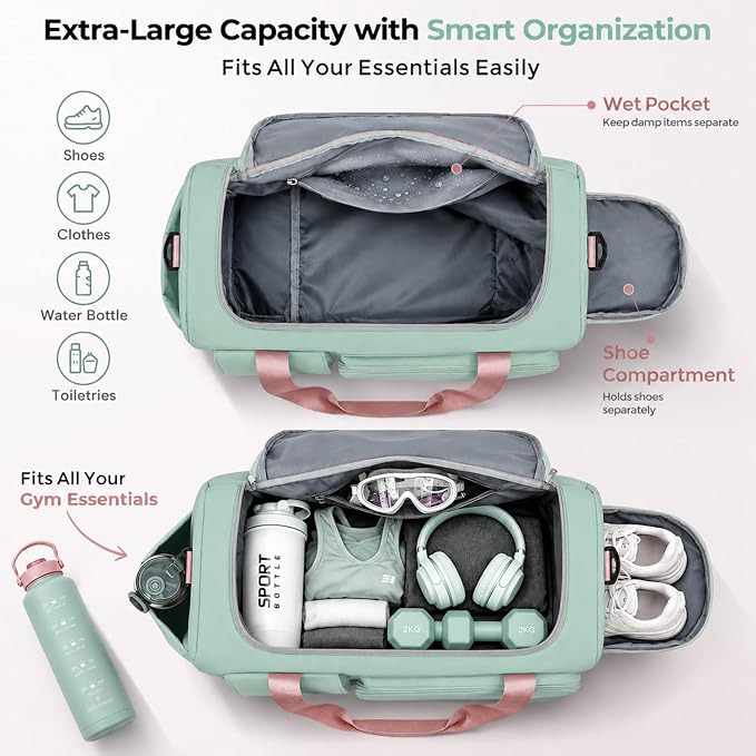 FIORETTO Women's Gym Duffle Bag with Shoes Compartment, 30L Capacity, Ideal for Travel, Gym, Sports, Duffel, Weekender