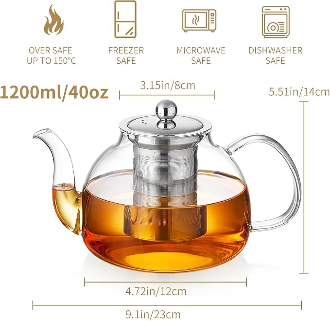 DOPUDO 24 Pack 40OZ (1200ML) Glass Teapot with Infuser Stovetop Safe, Clear Glass Tea Pot Kettle, Borosilicate Tea Pot with Infusers Filter for Loose Tea, Tea Kettle Dishwasher Safe