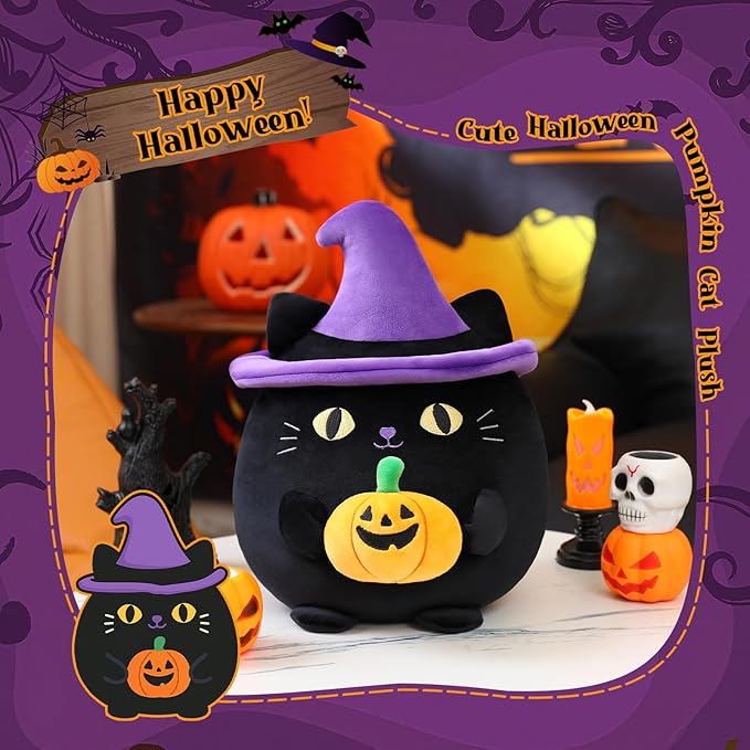 Halloween Pumpkin Cat Plush Toy, Black Cat with Pumpkin and Witch Hat for Home Decor, Halloween Party Gifts for Kid (Pumpkin Cat, 10 Inch)