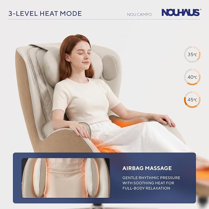 Nouhaus NOU Campo Heated Massage Chair,Full Body Massaging Zero-Gravity Leisure Recliner with Low-Noise 3D Massage and Dual Sound Systems Modern Massage Chairs (Elder White)