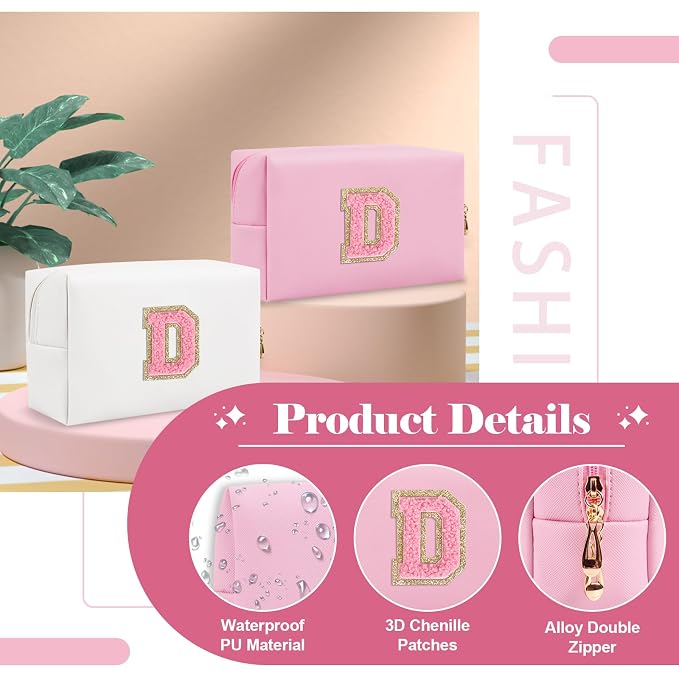 Personalized Initial A-Z Preppy Patch Makeup Bag,Small PU Leather Chenille Letter Cosmetic Bag with Zipper for Teen Girls,Pink Cute Travel Toiletry Bag,Birthday Monogrammed Gift for Daughter,Letter D