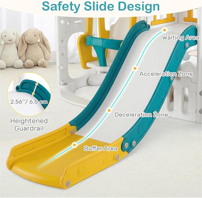 OLAKIDS Toddler Slide and Swing Set, 7 in 1 Kids Indoor Outdoor Playground with Climber Basketball Hoop Telescope Toy Storage for Boys Girls Aged 1+ (Yellow)