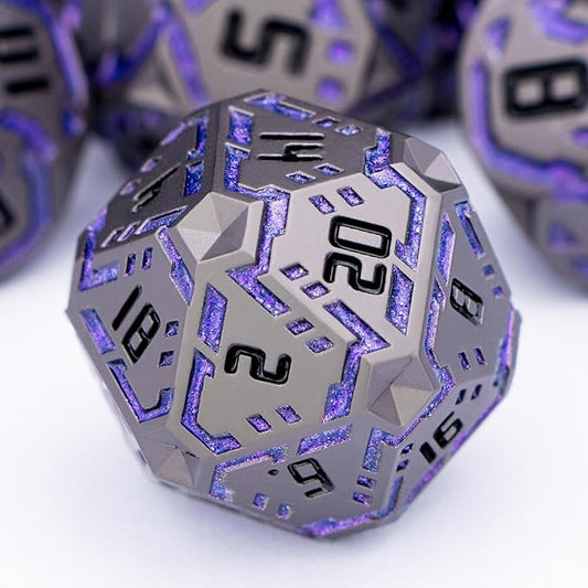 Metal DND Sci-fi Dice Set 7PCS Stripe Polyhedral Dice for Dungeons Dragons RPG Role Playing Game, Glitter D and D Dice with Gift Box D6 D8 D10 D12 D20 (Black Purple) ﻿