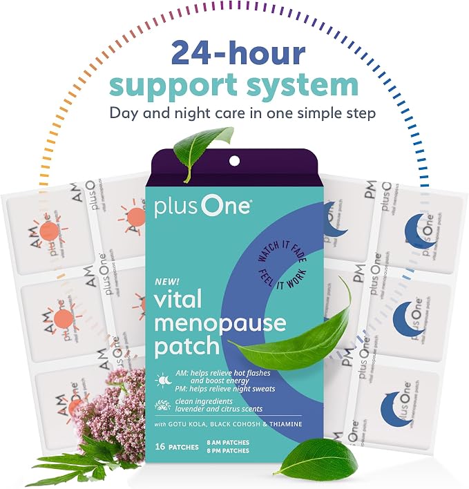 plusOne Vital Menopause Patches AM & PM, Hot Flash Night Sweat Support 16ct | Herbal Arjuna Daily Patches, Promotes Energy & Sleep