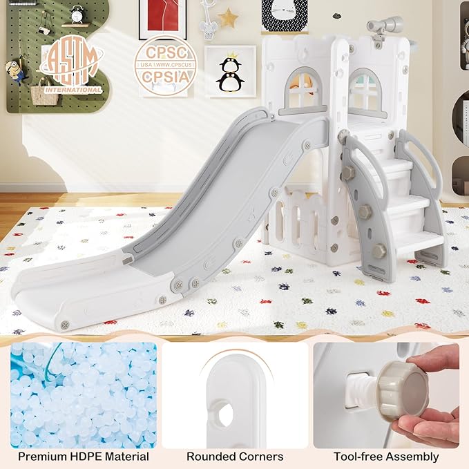 BABY JOY Toddler Slide, 6-in-1 Indoor Kids Slide Playset with Basketball Hoop, Telescope, Climbing Ladder & Storage Space, Freestanding Playhouse & Climber for Kids Aged 1-3 (Gray)