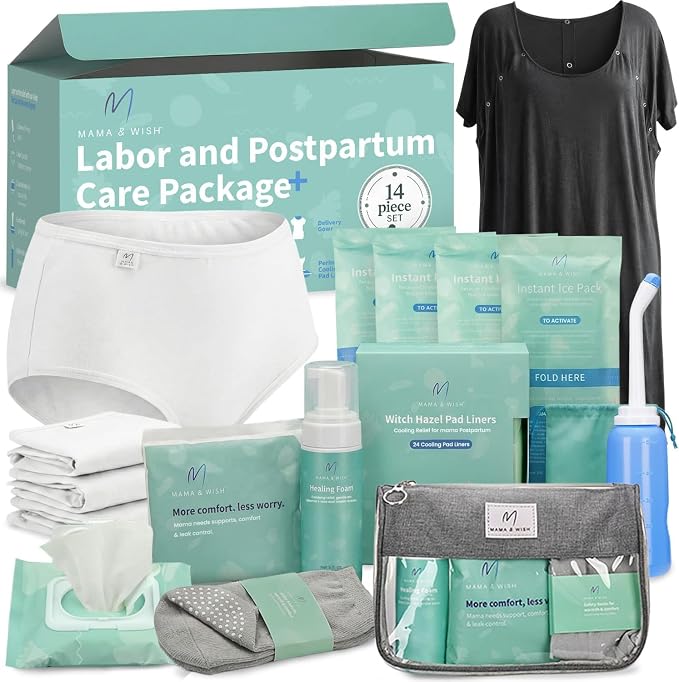 Mama & Wish Postpartum Essentials Kit (14-Piece) - Includes Hospital Post Partum Essentials for Women After Birth, Labor and Delivery Gown, Peri Bottle, Witch Hazel Foam, Pad Liners & More
