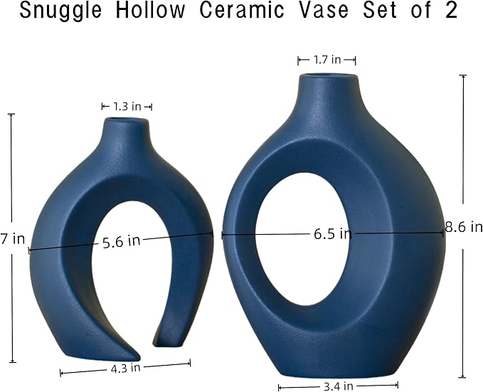 Snuggle Hollow Ceramic Vase Set of 2, 8.4 inch Modern Nordic Coastal Shaped Pampas Grass Aesthetic Decorative Table Vases for Home Decor (Matte Navy Blue - M)