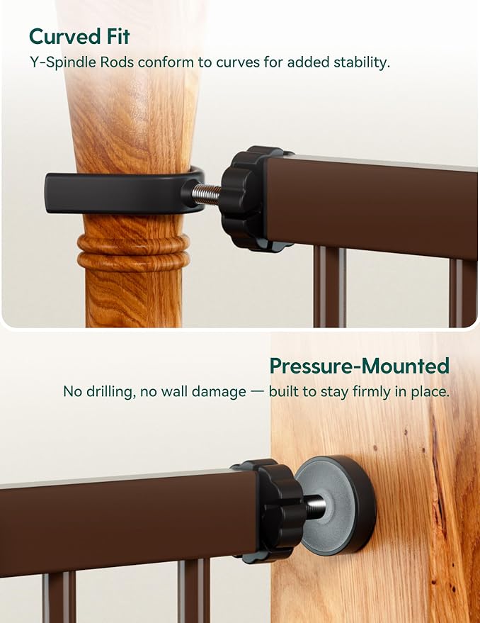 Babelio Baby Gate for Doorways and Stairs, 26-40" Auto Close Dog Gate, PressGuard C5, Easy-Install Pressure Mounted Satey Door, No Drilling Safety Gate for Child and Pets, Brown