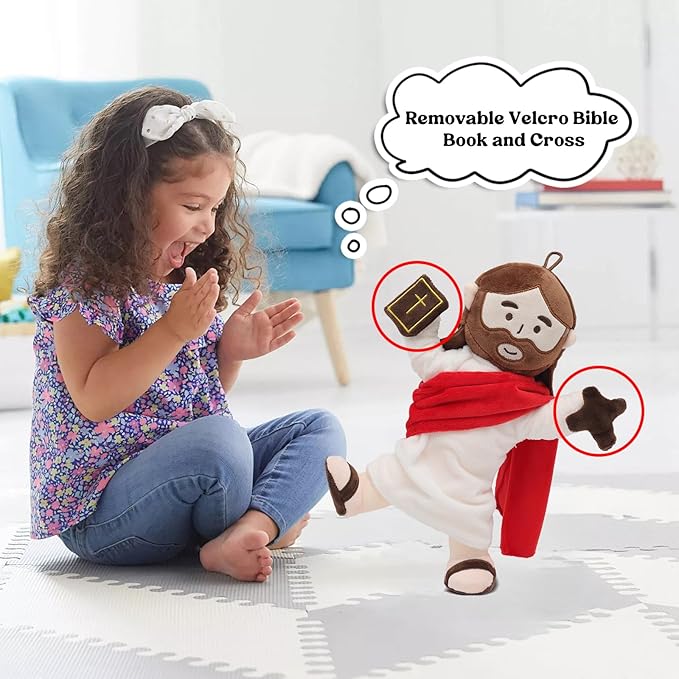 Jesus Plush Doll with Jointed Skeleton Jesus Plushie 13.4" Poseable Jesus with Removable Accessories Easter Christian Gifts for Kids (Red)