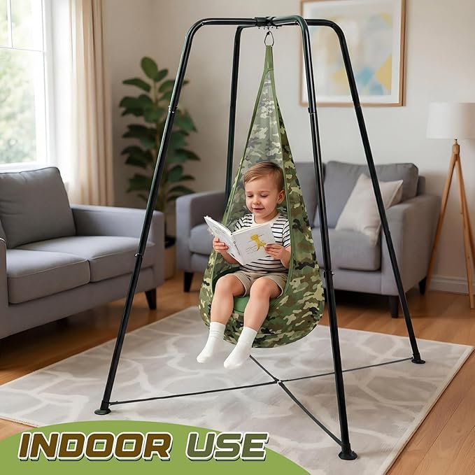 Sensory Swing Stand Frame with Pod Chair and Swings Set Kid Heavy Duty Metal Swing Stands Autism Hammock Chair Stand Tree Saucer Round for Kid Adult Indoor Outdoor Backyard Park(Camo Color)