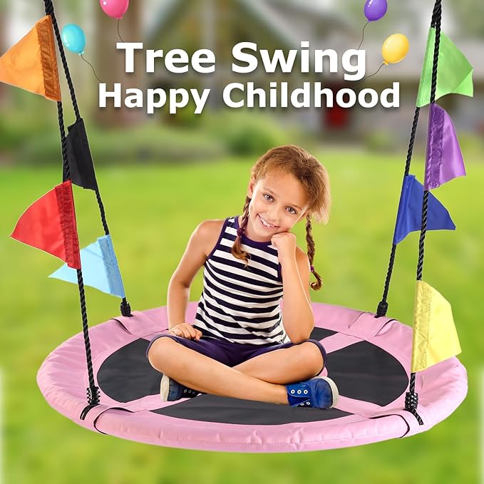 40 Inch Saucer Tree Swing for Kids, Outdoor Round Swing with Hanging Straps & Adjustable Ropes, Easy Assembly
