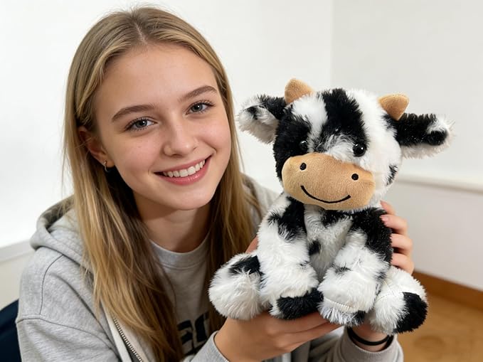 Cute Cow Plush Stuffed Animal Doll Toy 8 inch for Girls Boys One Peices （Each one has a Different Pattern） (sit Cow bd Black)
