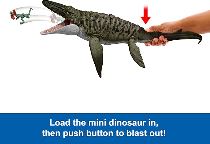 Mattel Jurassic World Rebirth Bite N Blast Mosasaurus Action Figure & Mini Dilophosaurus, Wide Jaw Dinosaur Toy, Movie-Accurate Posable, Digital Play