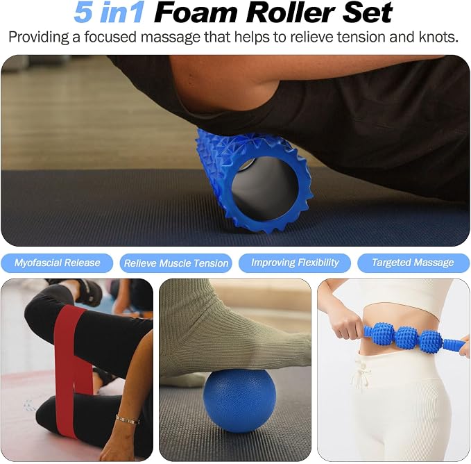 JOYENERGY 5 in 1 Foam Roller Set Trigger Point Foam Roller, Massage Roller Stick, Massage Ball, Stretching Strap for Deep Muscle Massage Pilates Yoga, Fitness Exercise for Whole Body (Blue Diamond)