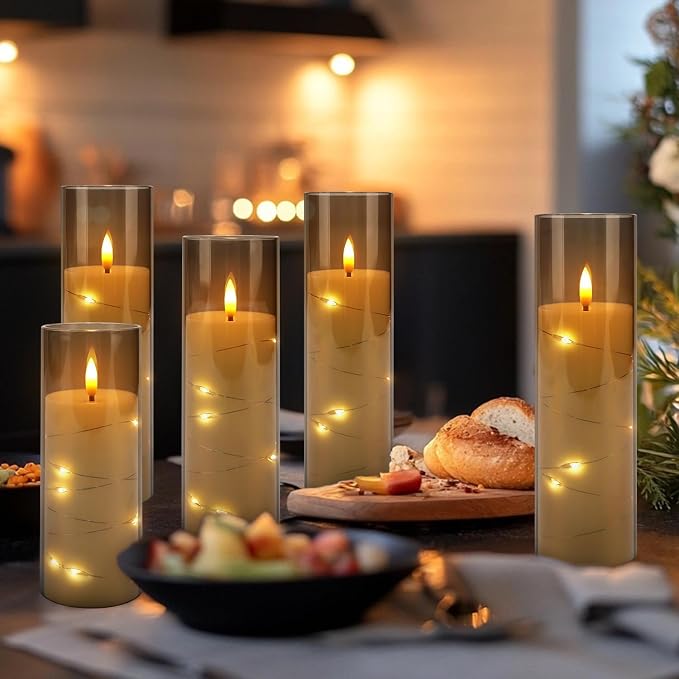 24-Pack Gray Flameless Candles with Remote, Battery Powered LED Candles with Embedded Star String Lights & Realistic Flickering Flame, Timer for Christmas Home Wedding Fireplace Mantle Decor