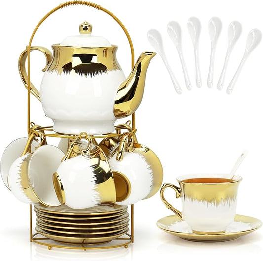 Porcelain Tea Set, Large Ceramic Tea Set for Adults with Metal Holder, 20 Pcs European Tea Cup Set, Luxury Adult Tea Sets Gift, Gold Trim Tea Cup Saucer Sets for Party Deco,1000ML (Gold Trim)