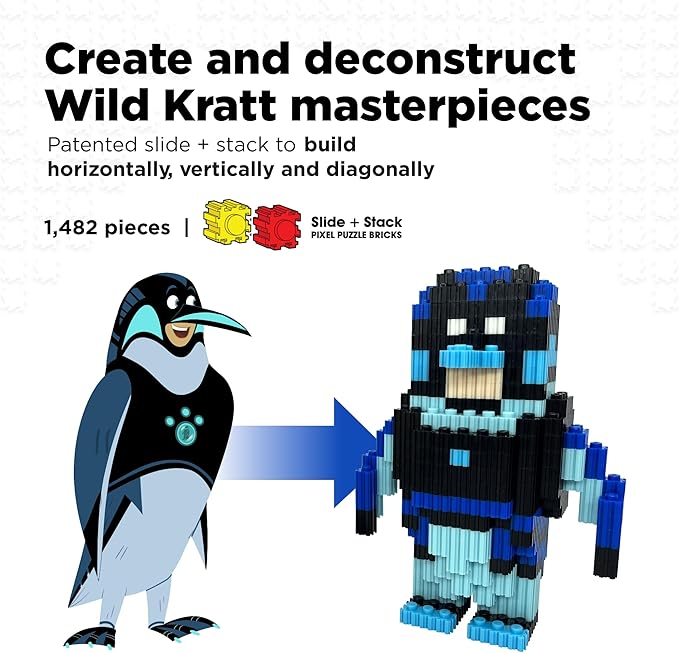 Pix Brix - Wild Kratts Pixel Art Kit - Emperor Penguin, 1482 Pieces - Patented Slide + Stack Pixel Puzzle Building Bricks, Build & Collect Wild Kratts Creature Powers - Stem Toys, Ages 6 Plus