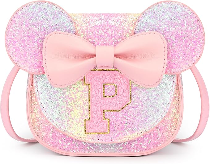 mibasies Toddler Purse Girl Gifts: Girls Birthday Gifts for 3-8 - Toys for Ages 2-4 Girls Mouse Ears Purse, Glitter Rainbow, Letter P